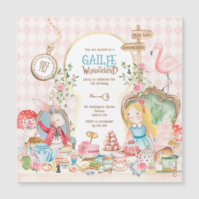 Convite Magnético Alice Adventures em Woderland Birthday Tea Party (Frente)
