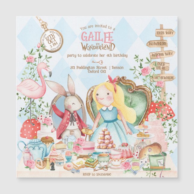 Convite Magnético Alice Adventures em Woderland Birthday Tea Party (Frente)