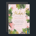 Convite Magnético Aloha! | Partido Flamingo Tropical de Verão do Hav<br><div class="desc">Este é um dos nossos convites de festas tropicais favoritos! Celebre o dia especial do seu pequeno com este convite de festas tropical de verão no Havaí. Esta design apresenta lindos abacaxis de ouro, flamingos fofos, folhas de monstera de ouro, melancias, unicórnios, tucano e papagaio! com uma magnífica tipografia lendo...</div>