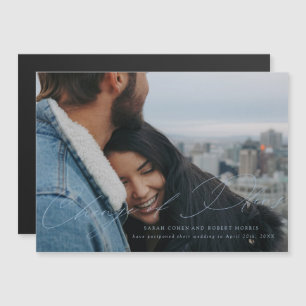 Convite Magnético Alteração de Data do Casamento com Script Azul Sky