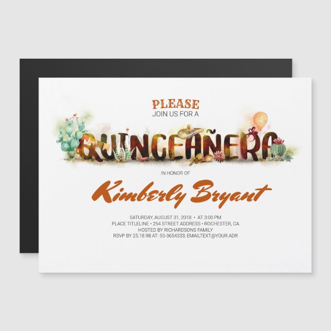 CONVITE MAGNÉTICO ANIVERSÁRIO DA 15 DE QUINCEANERA MEXICANA (Frente/Verso)