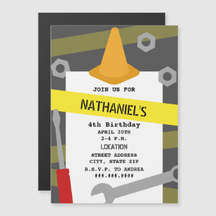 Convite Magnético Aniversário da Construção de Fita Cone Caution