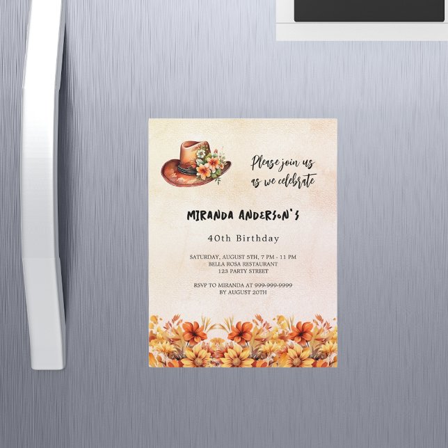 Convite Magnético Aniversário das flores laranja boho cowgirl chapéu (Criador carregado)