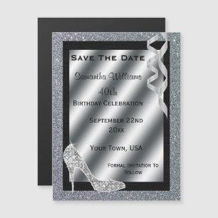 Convite Magnético Aniversário de 40 anos de Silver Glittery Stiletto