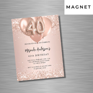 Convite Magnético aniversário de 40 anos rosa de balões de ouro luxo