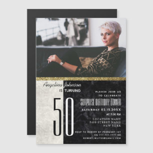 Convite Magnético Aniversário de 50 anos, Foto Preto e Branco Mármor