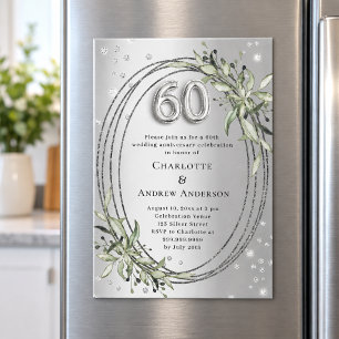 Convite Magnético aniversário de 60 anos de casamento prata folhagen