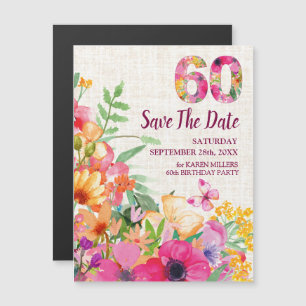 Convite Magnético Aniversário de 60 Anos Floral em Linho Salve a Dat