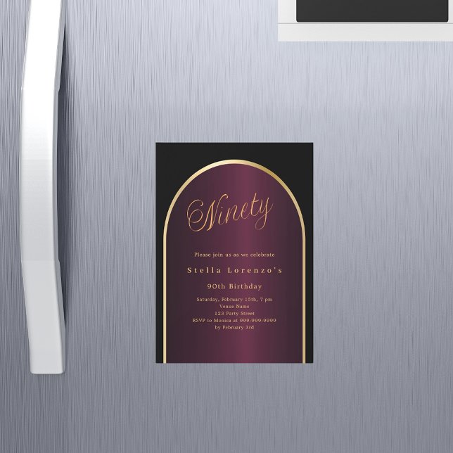 Convite Magnético Aniversário de 90 de luxo do Arco Negro Burgundy (Criador carregado)
