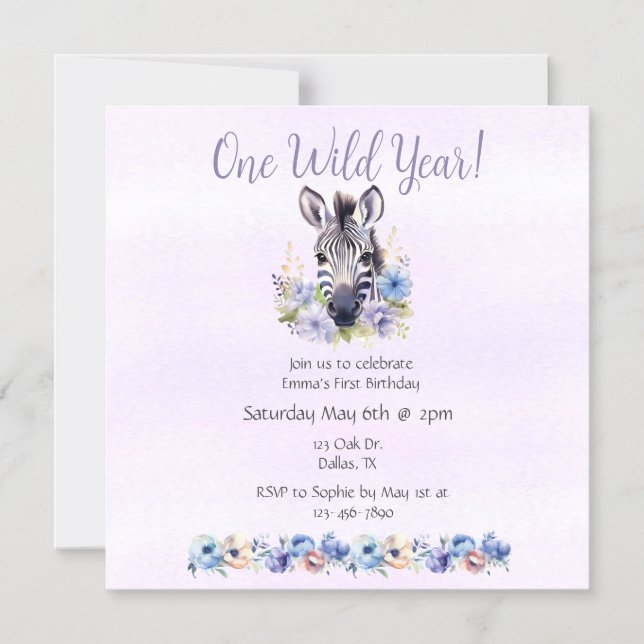 Convite Magnético Aniversário de Zebra Floral Puro (Frente)