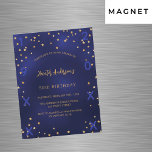 Convite Magnético Aniversário marinho de ouro azul estrelas de nasci<br><div class="desc">Um convite de aniversário magnético para ele e para ela. Um fundo azul marinho decorado com estrelas douradas falsas. A cor azul é irregular. Personalize e adicione um nome e detalhes da parte. Adicionar ano de nascimento e ano de celebração</div>