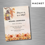 Convite Magnético Aniversário outono floral luxo laranja vintage<br><div class="desc">Um fundo rosa dourado,  cor-de-rosa-claro. Decorado com uma safra lateral e flores laranja. Personalize e adicione um nome e detalhes da parte.</div>