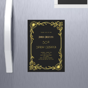 Convite Magnético Aniversário preto dourado Art Deco Gatsby