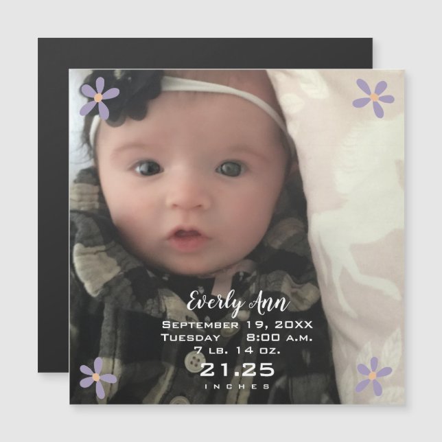 Convite Magnético Anunciante de Nascimento Magnético de Daisy Roxo (Frente/Verso)