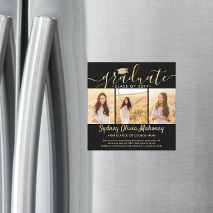 Convite Magnético Anúncio de Foto de Formatura em Preto Dourado Magn
