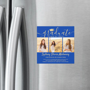 Convite Magnético Anúncio de Foto de Graduação Dourada e Azul Magnét
