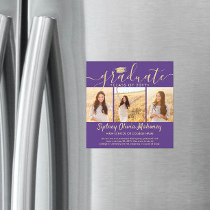 Convite Magnético Anúncio de Foto de Graduação Dourada Roxo Magnétic