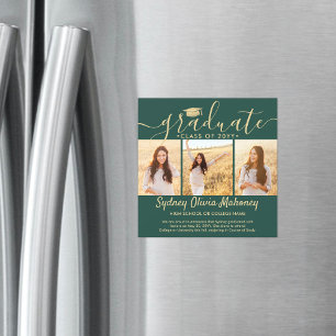 Convite Magnético Anúncio de Foto de Graduação Dourada Verde Magnéti
