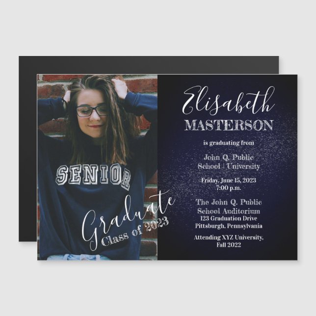 Convite Magnético Anúncio de Graduação com Foto Azul Escuro Chic (Frente/Verso)
