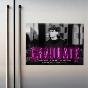 Convite Magnético Anúncio de Graduação de Fotos Magenta Neon Mode