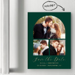 Convite Magnético Arch de 3 fotos Emerald Green Dourado Salvar a dat<br><div class="desc">Este simples e minimalista cartão magnético Save the Date apresenta um arco de colagem de 3 fotos acima das palavras "Save the Date" em elegante guiamento dourado,  seguido pelos nomes dos casais,  data do casamento e cidade em sans serif em um fundo verde esmeralda.</div>