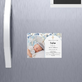 Convite Magnético Arco de flores azuis foto menino cruz Batismo
