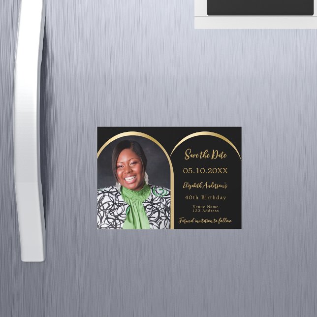 Convite Magnético Arco de fotos preto dourado Aniversário Salvar car (Criador carregado)