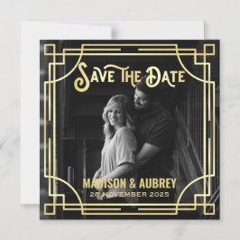 Convite Magnético Art Deco Add Your Photo Elegant Dourado Save the D