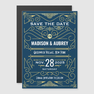 Convite Magnético Art Deco Salve a Data Casamento Elegante Azul Dour