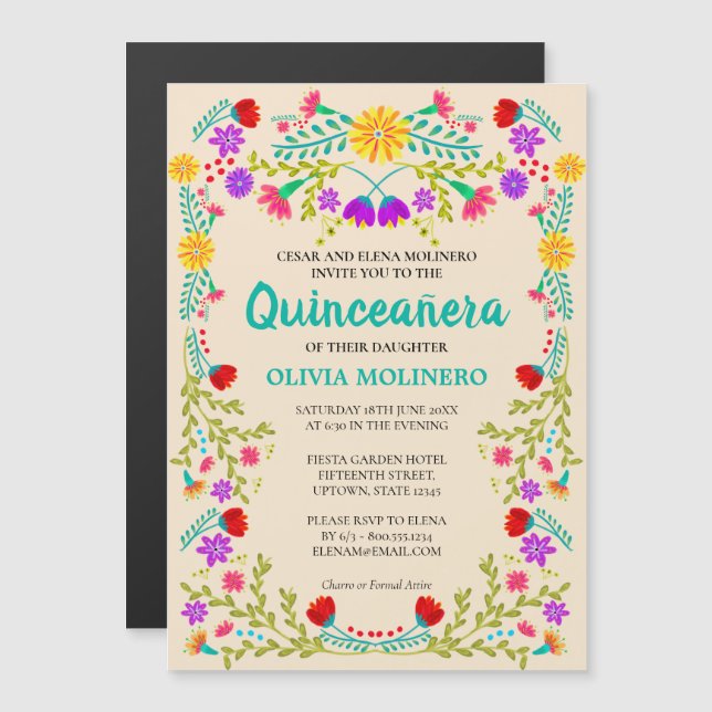 Convite Magnético Arte Popular Mexicana Floral Champanhe Quinceanera (Frente/Verso)