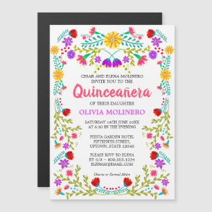 Convite Magnético Arte Popular Mexicano Quinceanera Floral Colorida