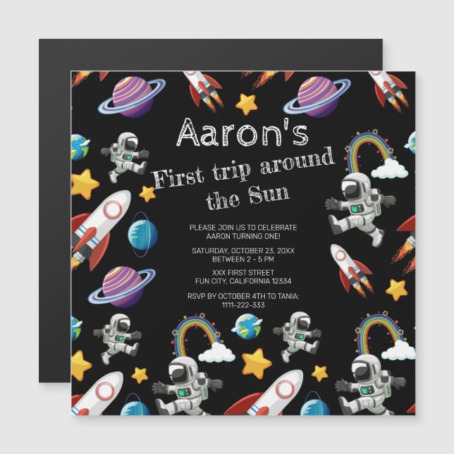 Convite Magnético Astronauta Espacial - Primeira Festa de aniversári (Frente/Verso)