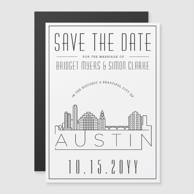 Convite Magnético Austin Wedding | Skyline Estilizado Salvar a Data (Frente/Verso)