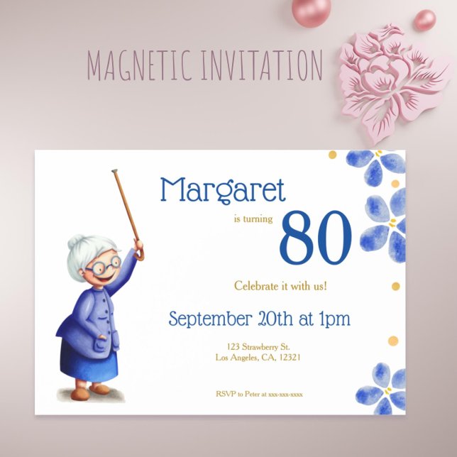 Convite Magnético Avó Floral Azul com 80 Cane Aniversário (Blue Floral Grandmother with Cane 80th Birthday Magnetic Invitation )