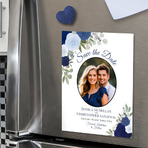 Convite Magnético Azul Boho Floral e Foto de Casamento Salve a Data