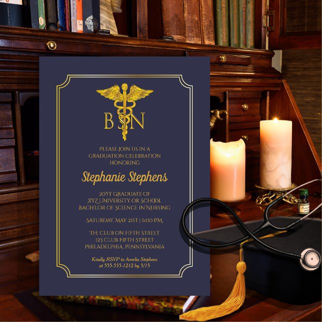 Convite Magnético Azul Elegante | Enfermeiro Dourado Inv. Festa de f (Elegant Blue and Gold Tone Nurse "BSN" Graduation Announcement and Party  Magnetic Invitation )