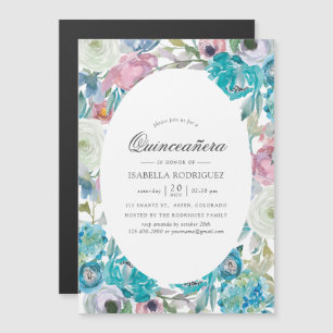 Convite Magnético Azul Empoeirado e Floral Turquesa Quinceañera