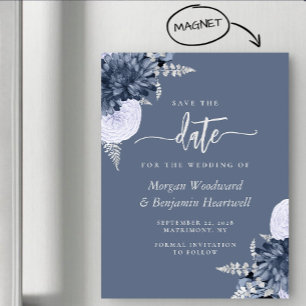 Convite Magnético Azul Empoeirado Floral Prata Casamento Salve a Dat