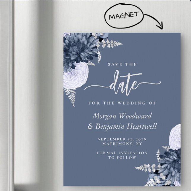 Convite Magnético Azul Empoeirado Floral Prata Casamento Salve a Dat (Criador carregado)