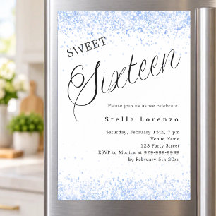 Convite Magnético Azul real branco script elegante Sweet 16