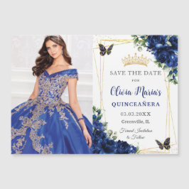 Convite Magnético Azul Real Floral Quinceañera Foto Salve o Dia