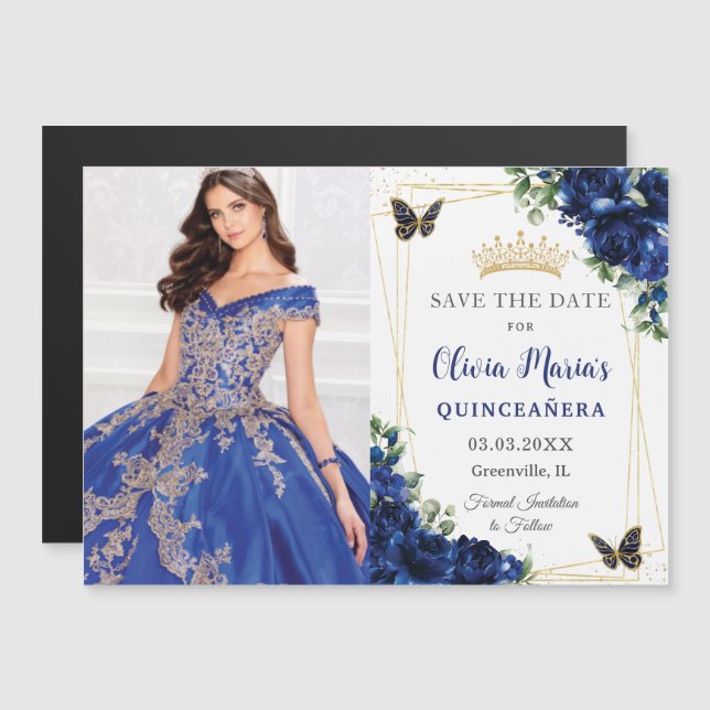 Convite Magnético Azul Real Floral Quinceañera Salve a Data para Fot (Frente/Verso)
