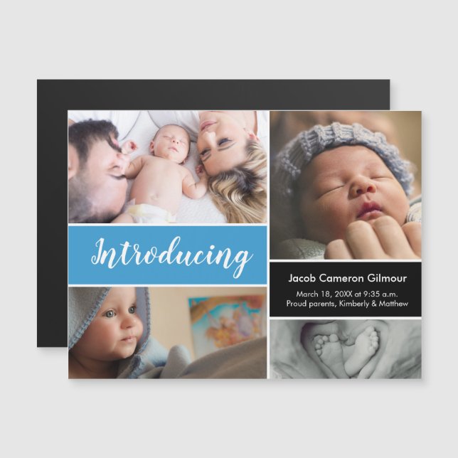 Convite Magnético Baby Boy Apresentando a coleção de fotos de script (Frente/Verso)