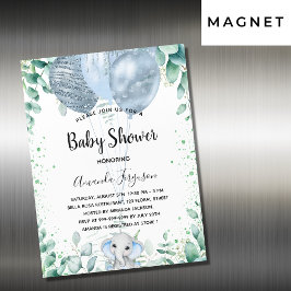 Convite Magnético Baby Shower blue elephant eucalyptus boy luxury