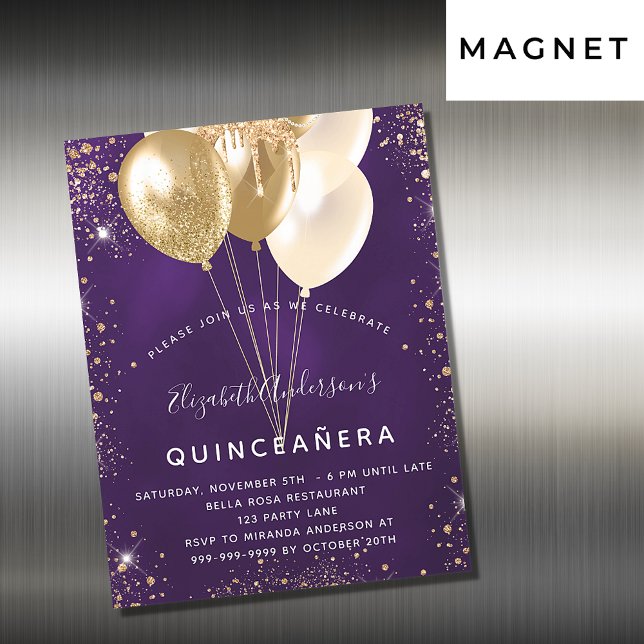 Convite Magnético Balões de ouro roxo de quinceanera luxo (Criador carregado)