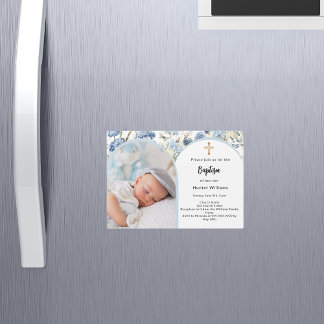 Convite Magnético Batismo azul floral