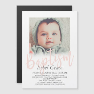 Convite Magnético Batismo de Fotografia do Script de Pincel Cor-de-R