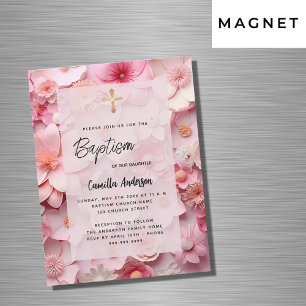 Convite Magnético Batismo flores cor-de-rosa pinceladas bebê luxo