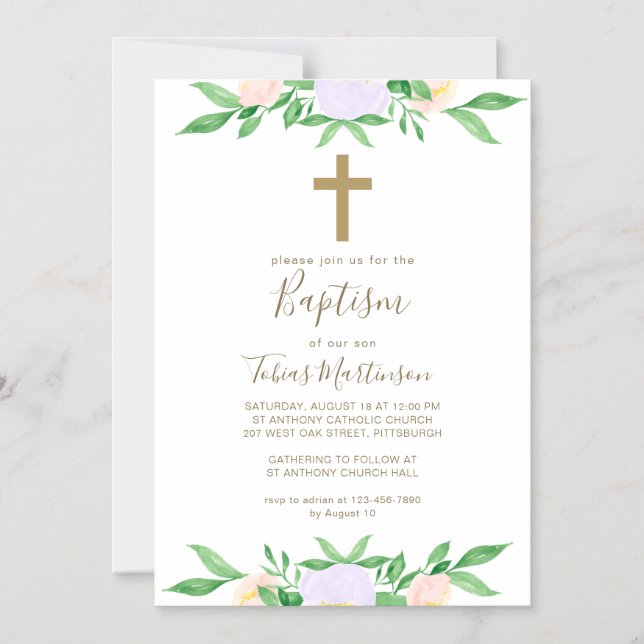 Convite Magnético Batismo Simples Floral com Cruz (Frente)