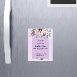 Convite Magnético Batismo violeta flores roxas cruzam luxo